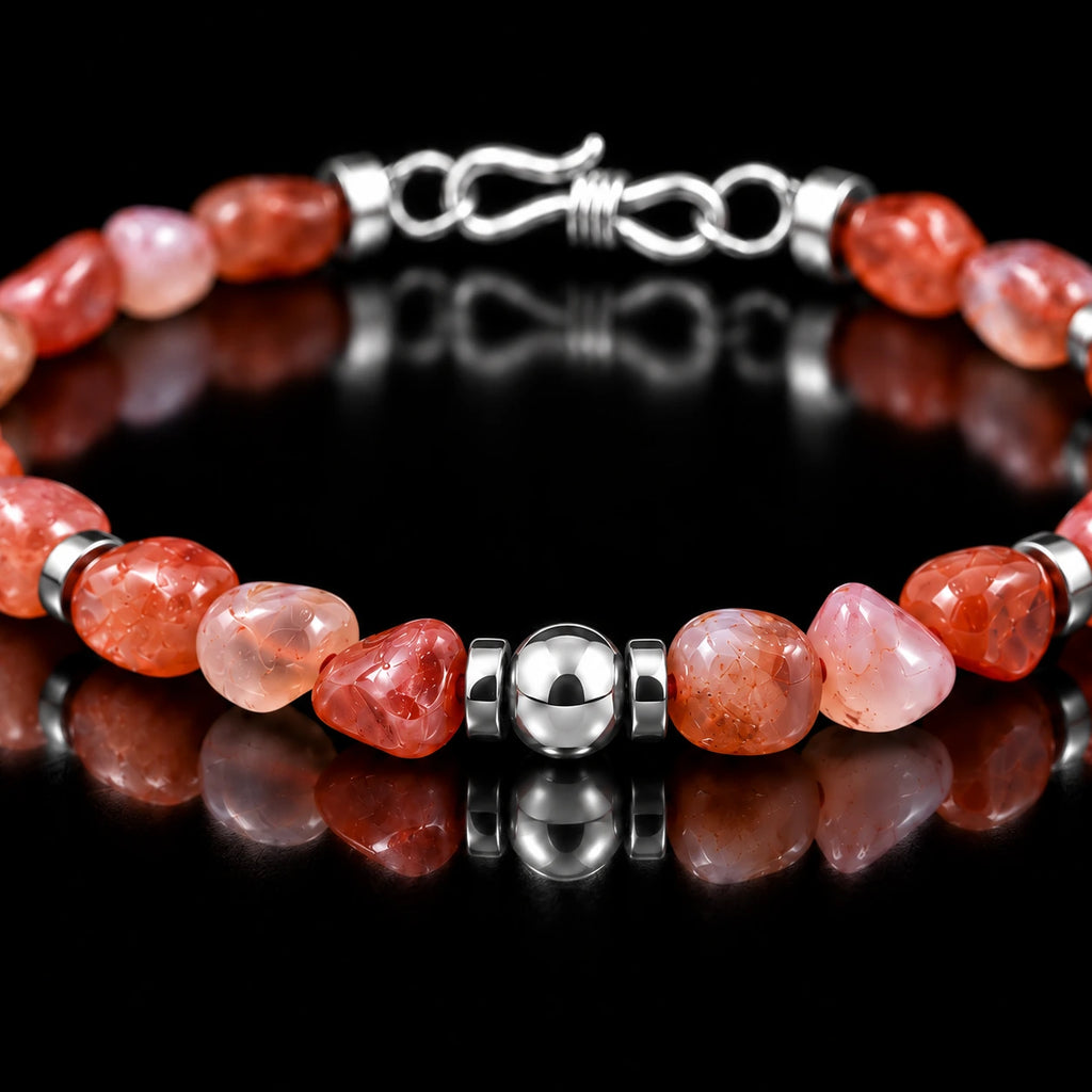 Close-up of freeform Nanhong agate beads and polished S925 silver details