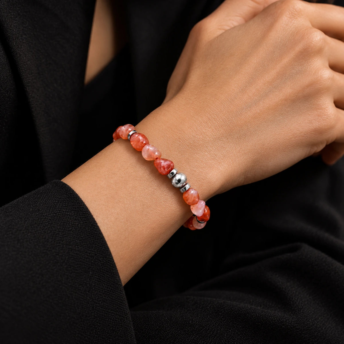 Natural freeform Nanhong agate bracelet worn on wrist