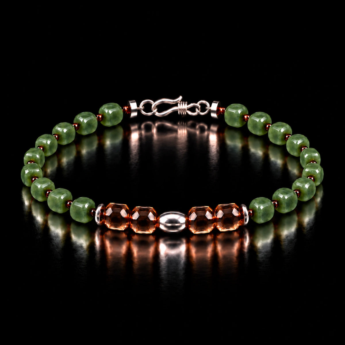 Complete natural nephrite jade and smoky quartz bracelet on black background