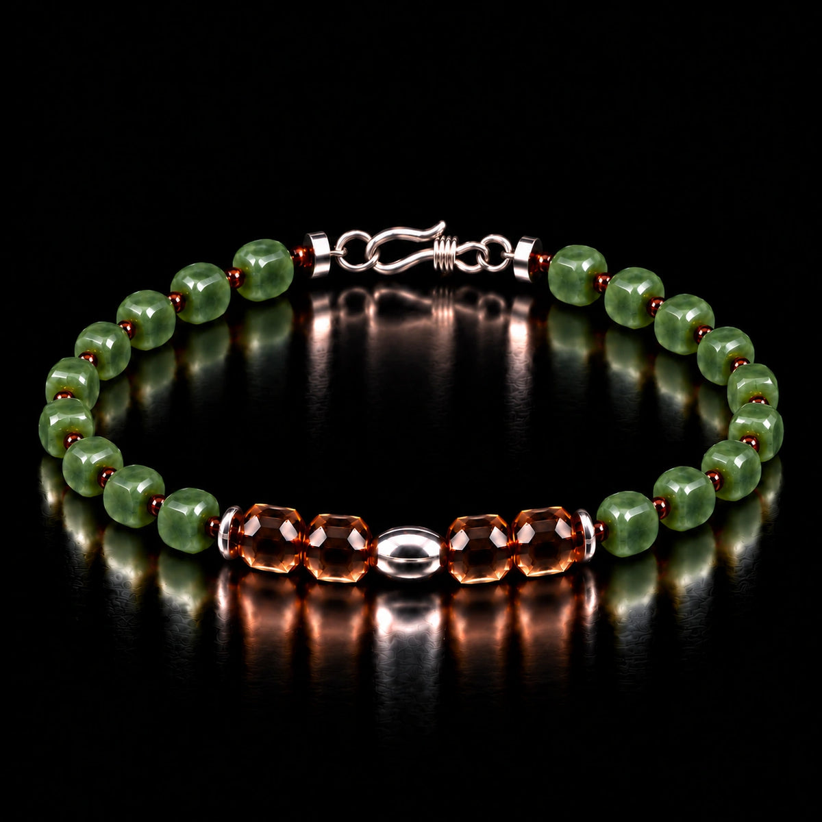 Angled view of nephrite jade bracelet with S925 silver clasp