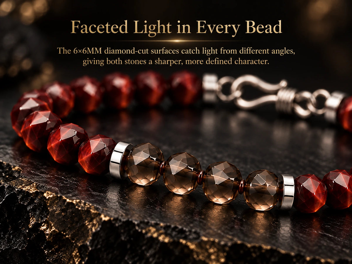Close-up faceted red tiger eye and smoky quartz bead detail