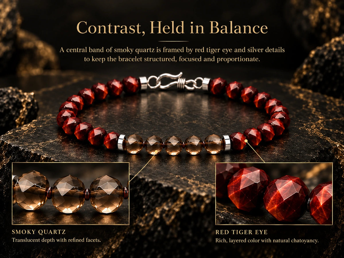 Red tiger eye and smoky quartz design balance with stone detail