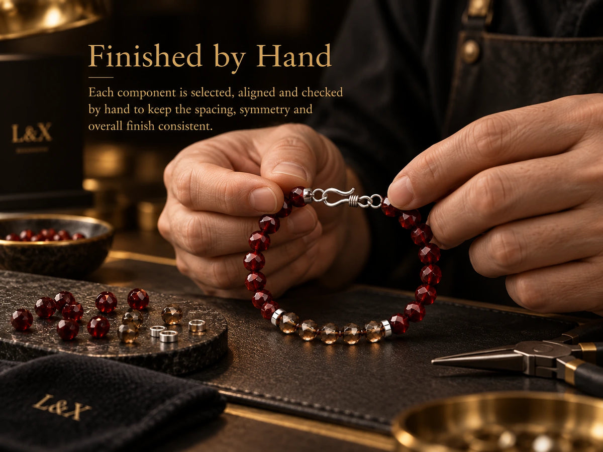 Hand-finishing process for red tiger eye and smoky quartz bracelet