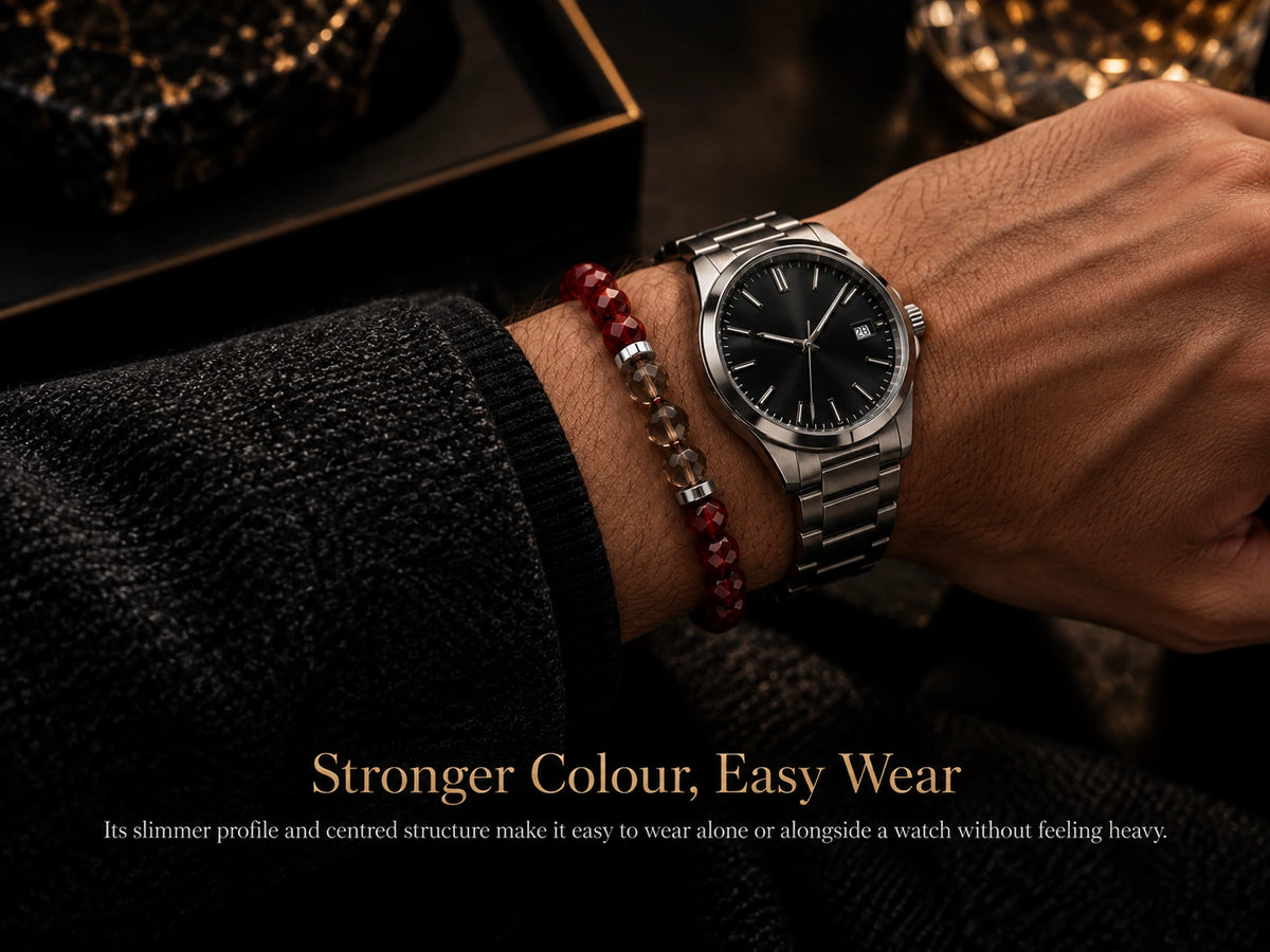 Red tiger eye and smoky quartz bracelet styled with watch