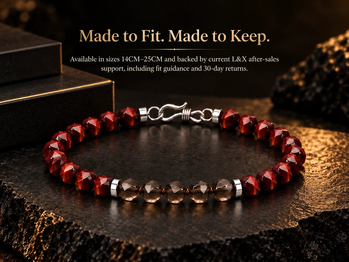 Red tiger eye and smoky quartz bracelet fit and after-sales detail