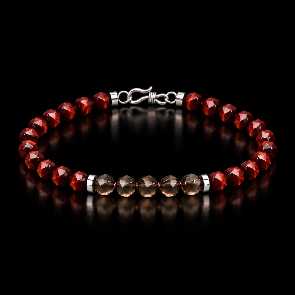 Complete red tiger eye and smoky quartz bracelet on black background