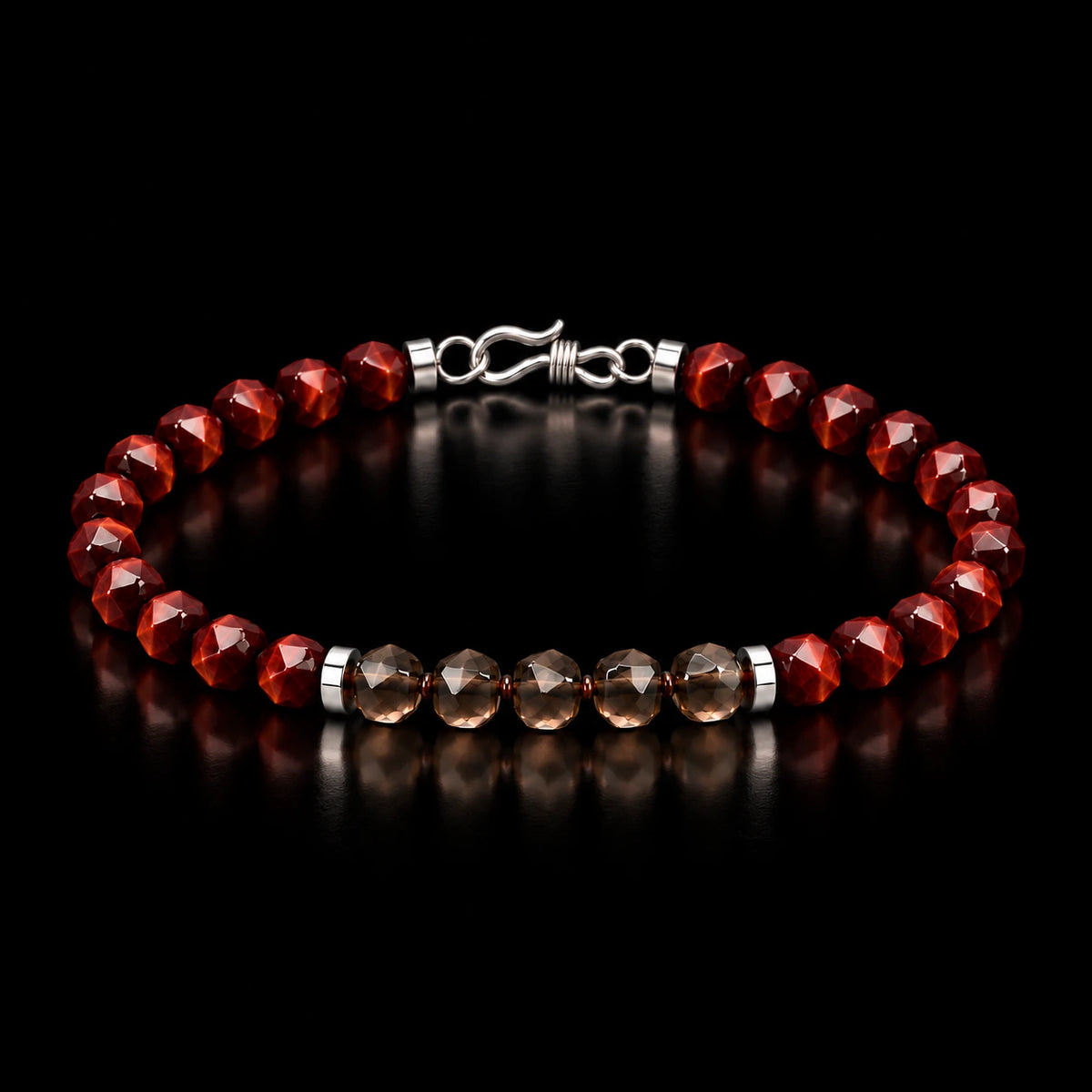 Complete red tiger eye and smoky quartz bracelet on black background
