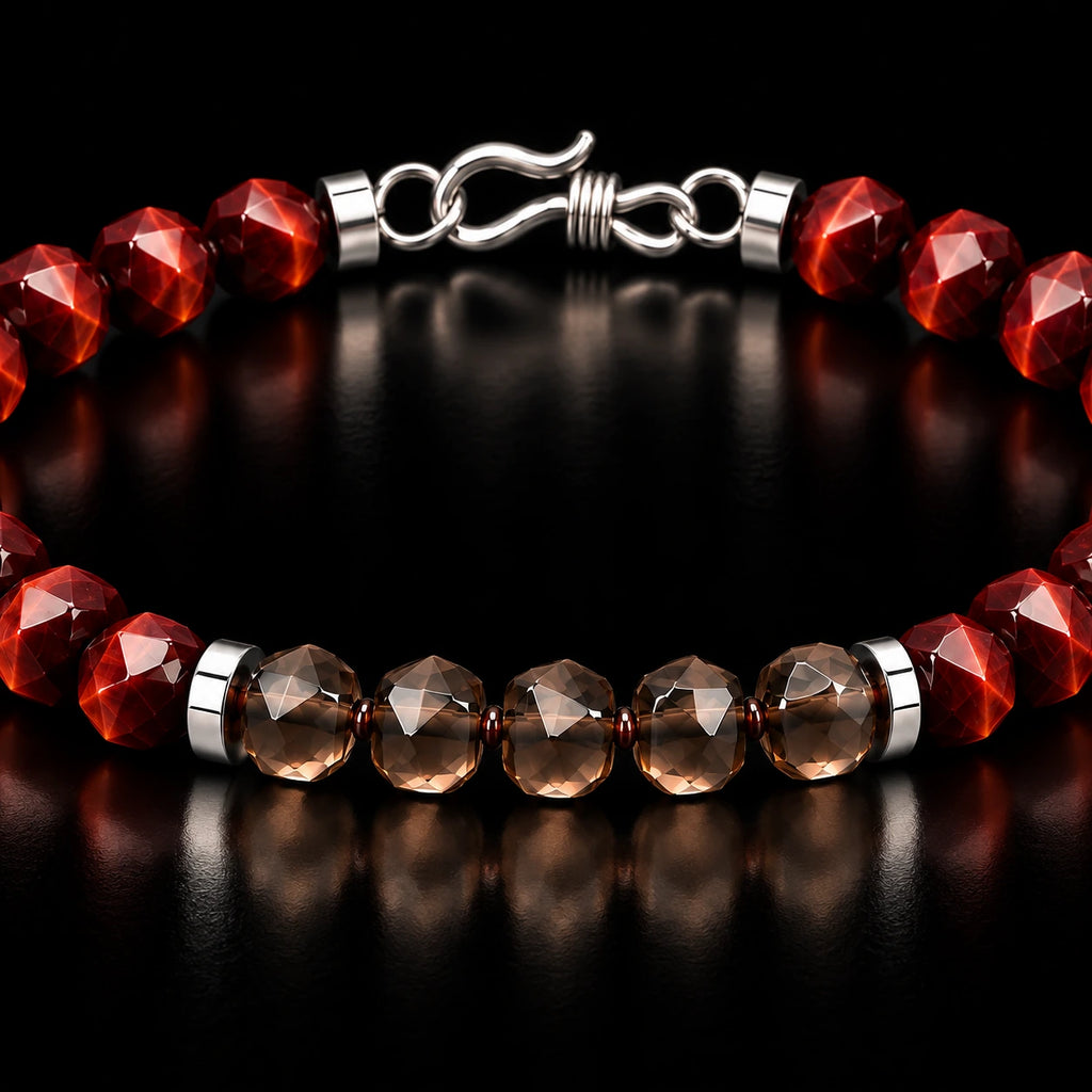 Close-up of red tiger eye, smoky quartz and S925 silver details