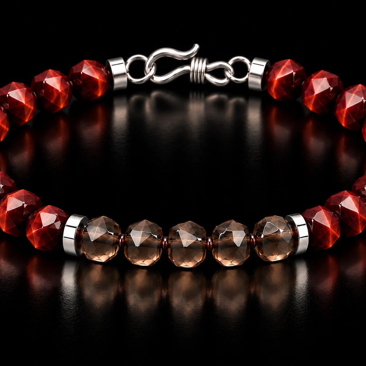 Close-up of red tiger eye, smoky quartz and S925 silver details