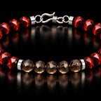 Close-up of red tiger eye, smoky quartz and S925 silver details