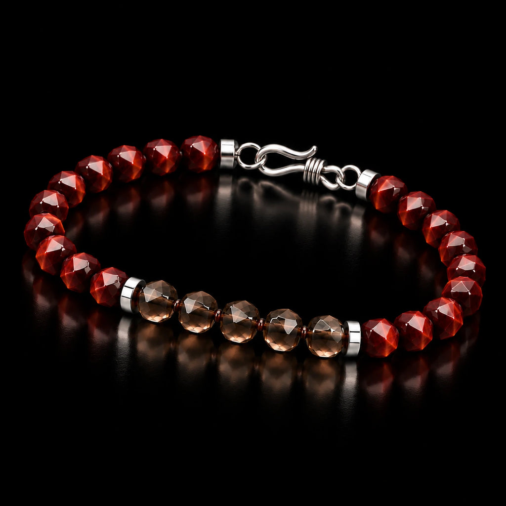 Angled view of red tiger eye bracelet with S925 silver hook clasp
