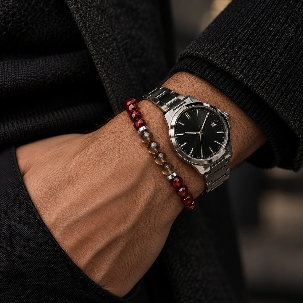 Red tiger eye and smoky quartz bracelet styled beside a watch