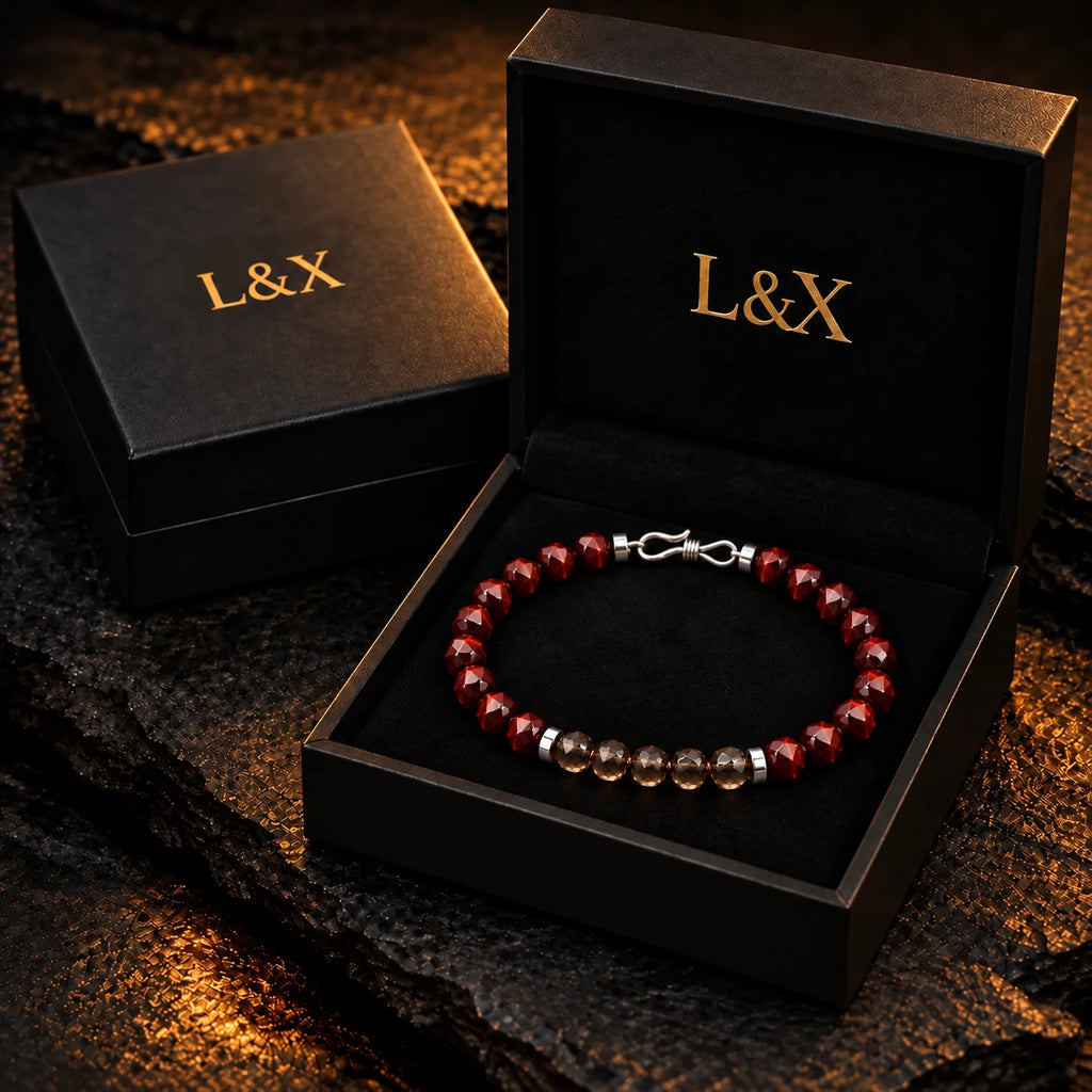 Red tiger eye and smoky quartz bracelet in L&X gift box