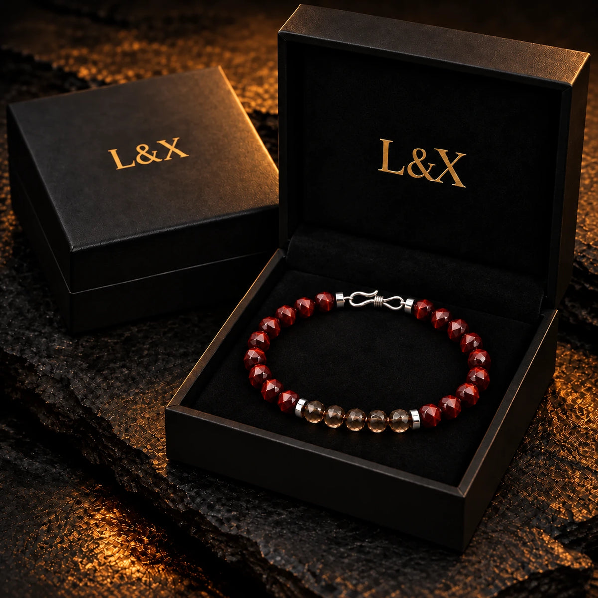 Red tiger eye and smoky quartz bracelet in L&X gift box