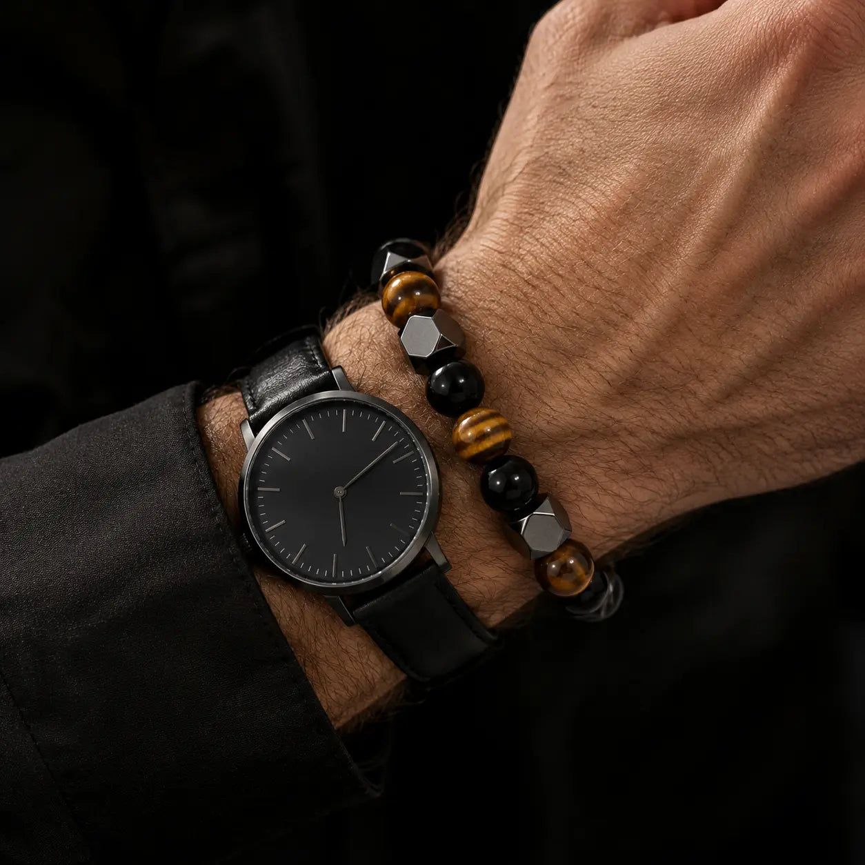 Handmade Tiger Eye & Hematite Bracelet for Men – Strength, Balance & Protection
