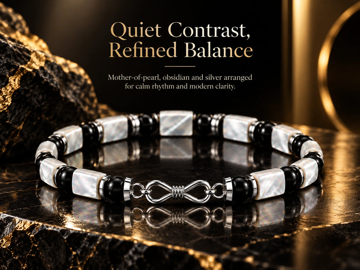 Quiet contrast design of mother-of-pearl, obsidian and S925 silver bracelet