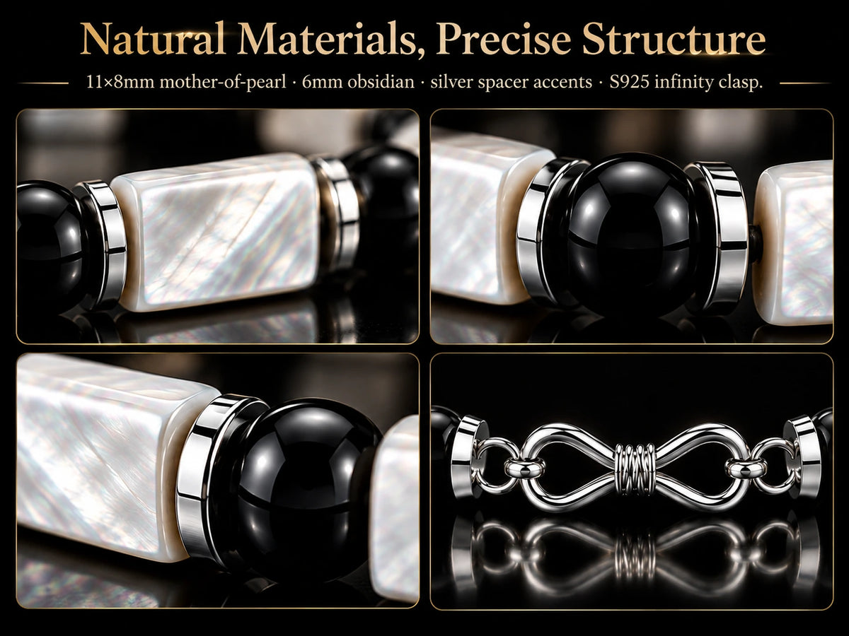 Material structure close-up showing mother-of-pearl, obsidian, S925 spacers and infinity clasp