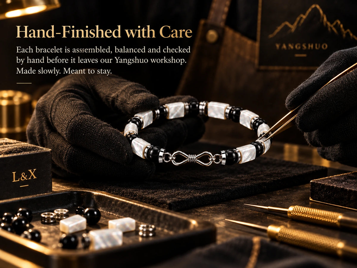 Hand-finished L&X mother-of-pearl obsidian bracelet craftsmanship