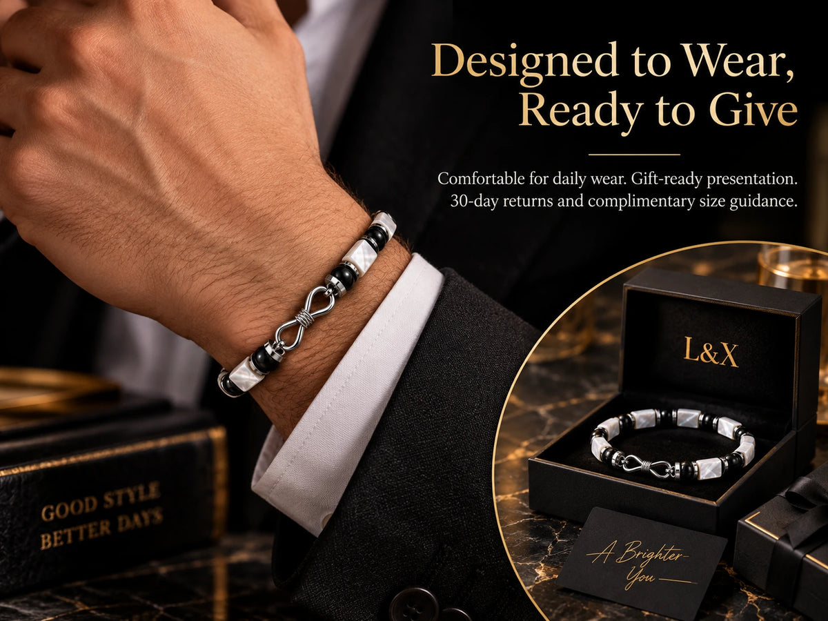 Mother-of-pearl obsidian bracelet wrist wear and gift-ready presentation