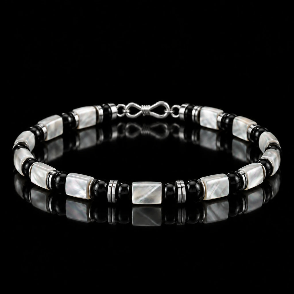 L&X mother-of-pearl and obsidian bracelet with S925 silver infinity clasp