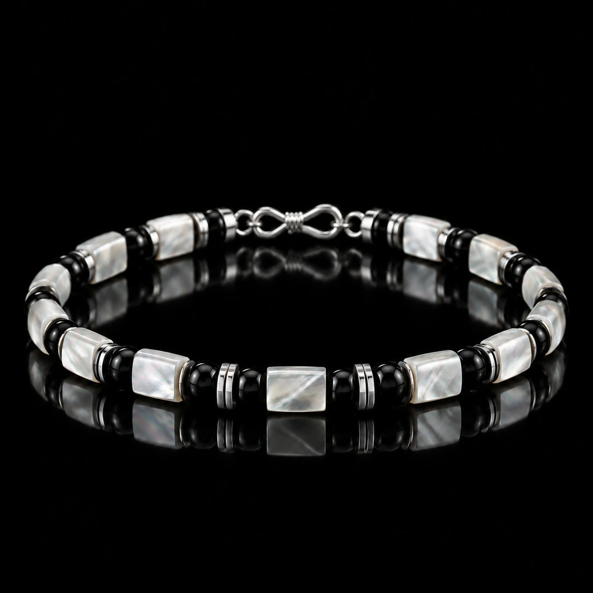 L&X mother-of-pearl and obsidian bracelet with S925 silver infinity clasp