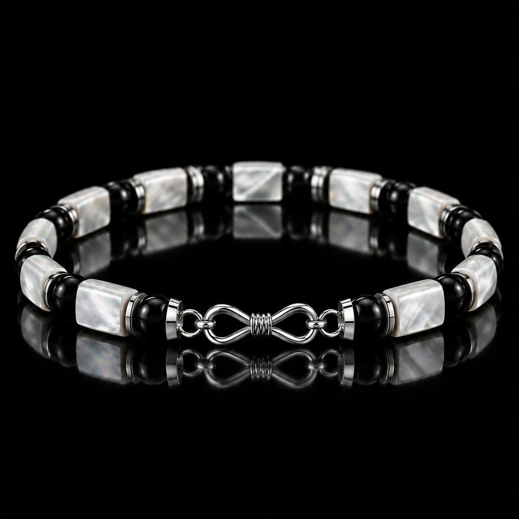S925 infinity clasp detail on L&X mother-of-pearl obsidian bracelet