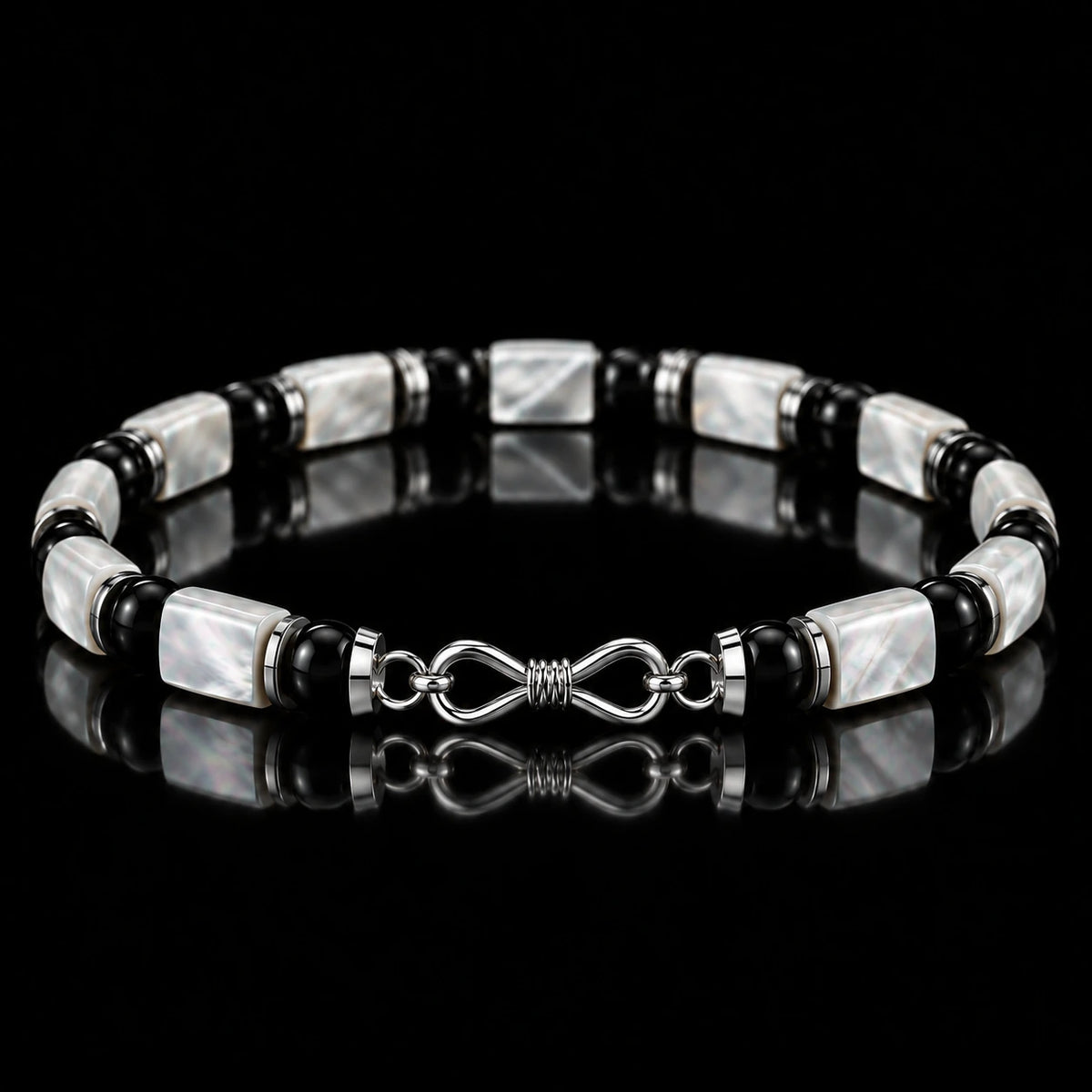 S925 infinity clasp detail on L&X mother-of-pearl obsidian bracelet