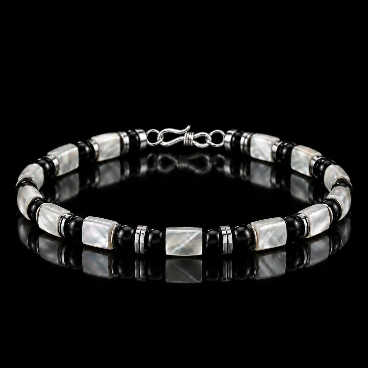 L&X mother-of-pearl and obsidian bracelet with S925 silver infinity clasp