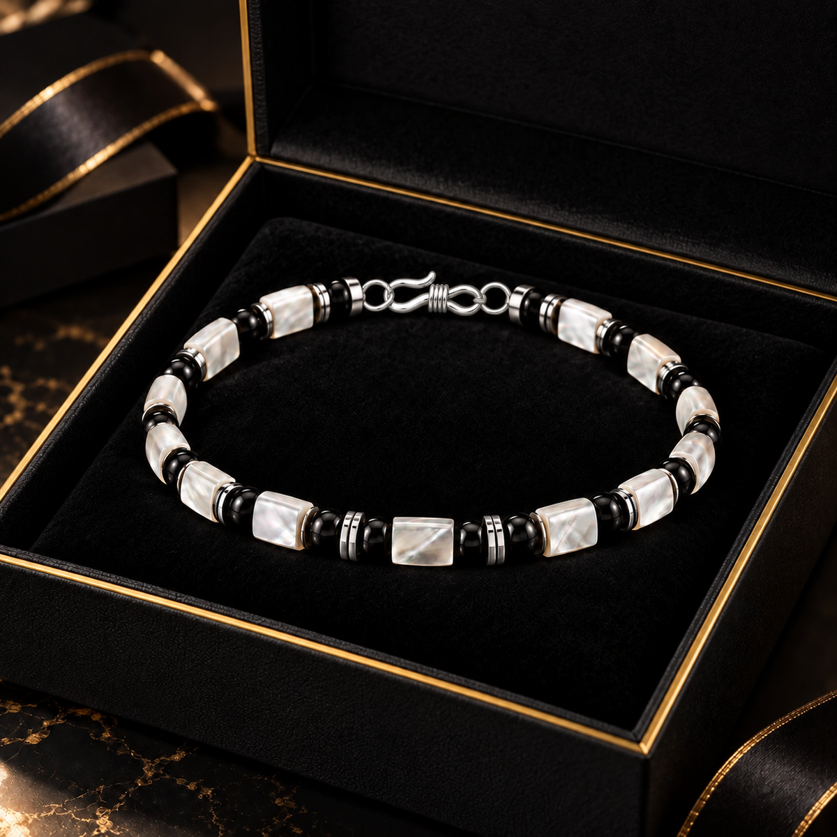 L&X mother-of-pearl obsidian bracelet in black and gold gift box