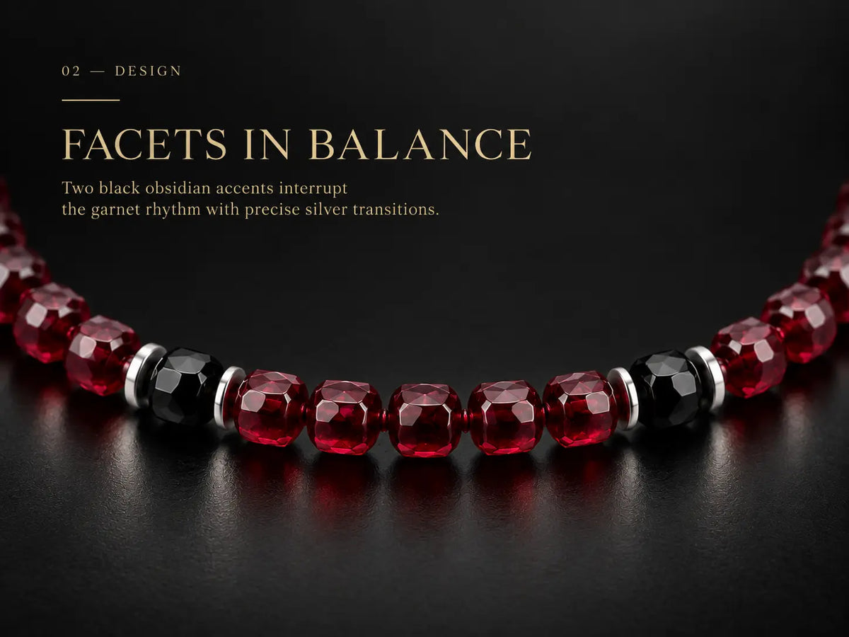 Design detail showing two black obsidian accents framed by thin S925 silver spacers.