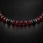 Close-up of faceted garnet, two black obsidian beads and thin S925 silver spacers.