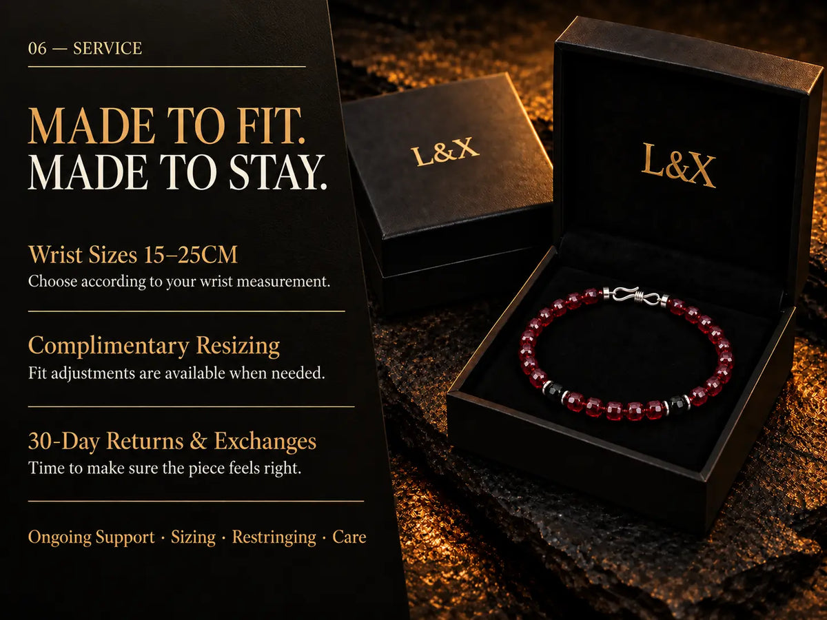 L&X fit, resizing, returns and aftercare information beside the packaged garnet bracelet.