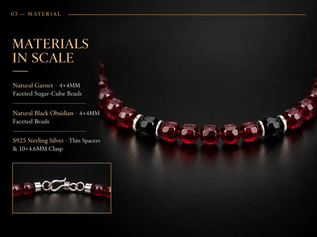 Material and scale details for 4MM garnet, 4MM black obsidian and S925 sterling silver components.