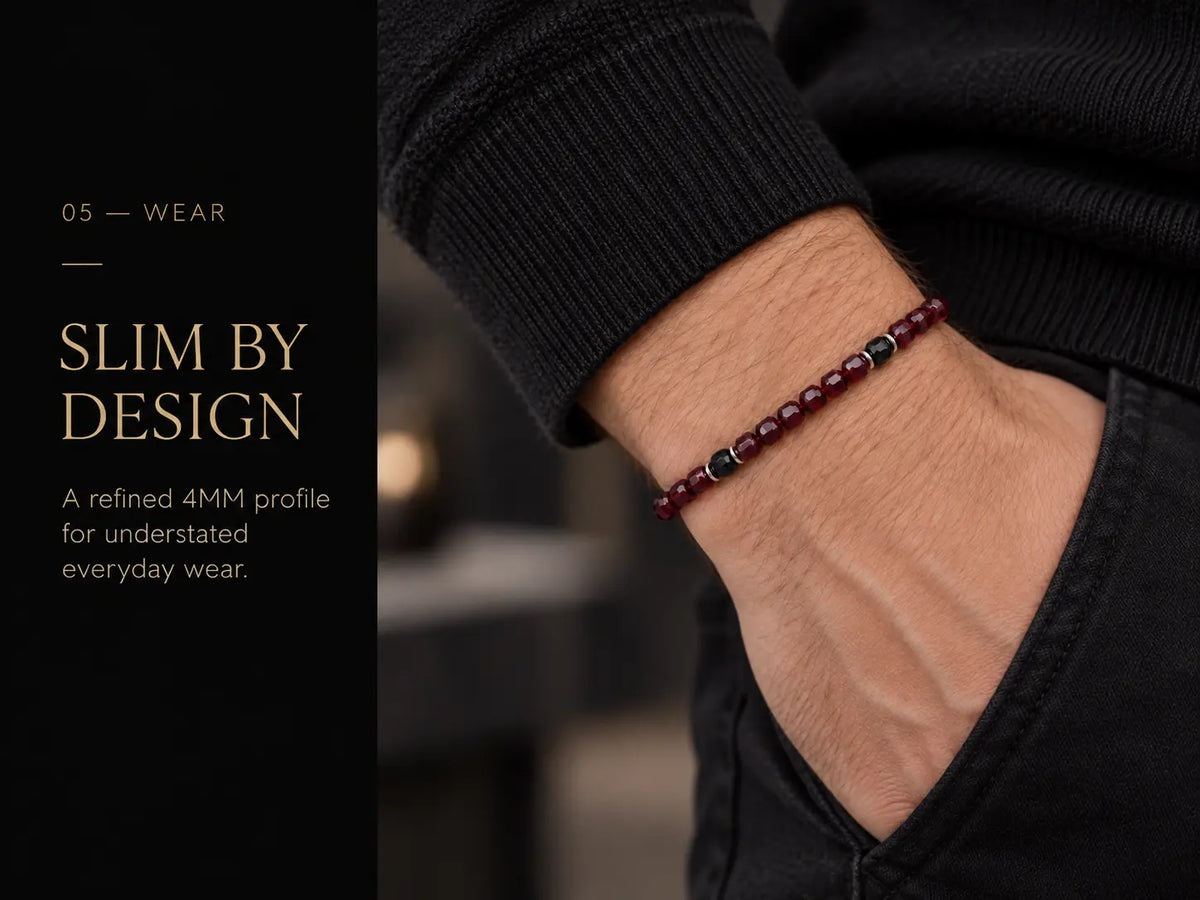 Realistic wrist view showing the bracelet's slim 4MM profile.