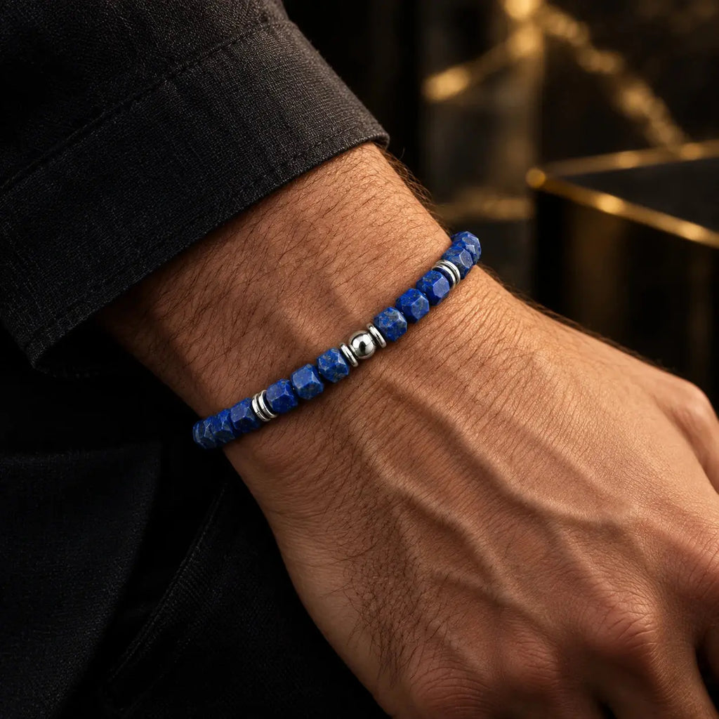Men wearing natural lapis lazuli 5mm bracelet
