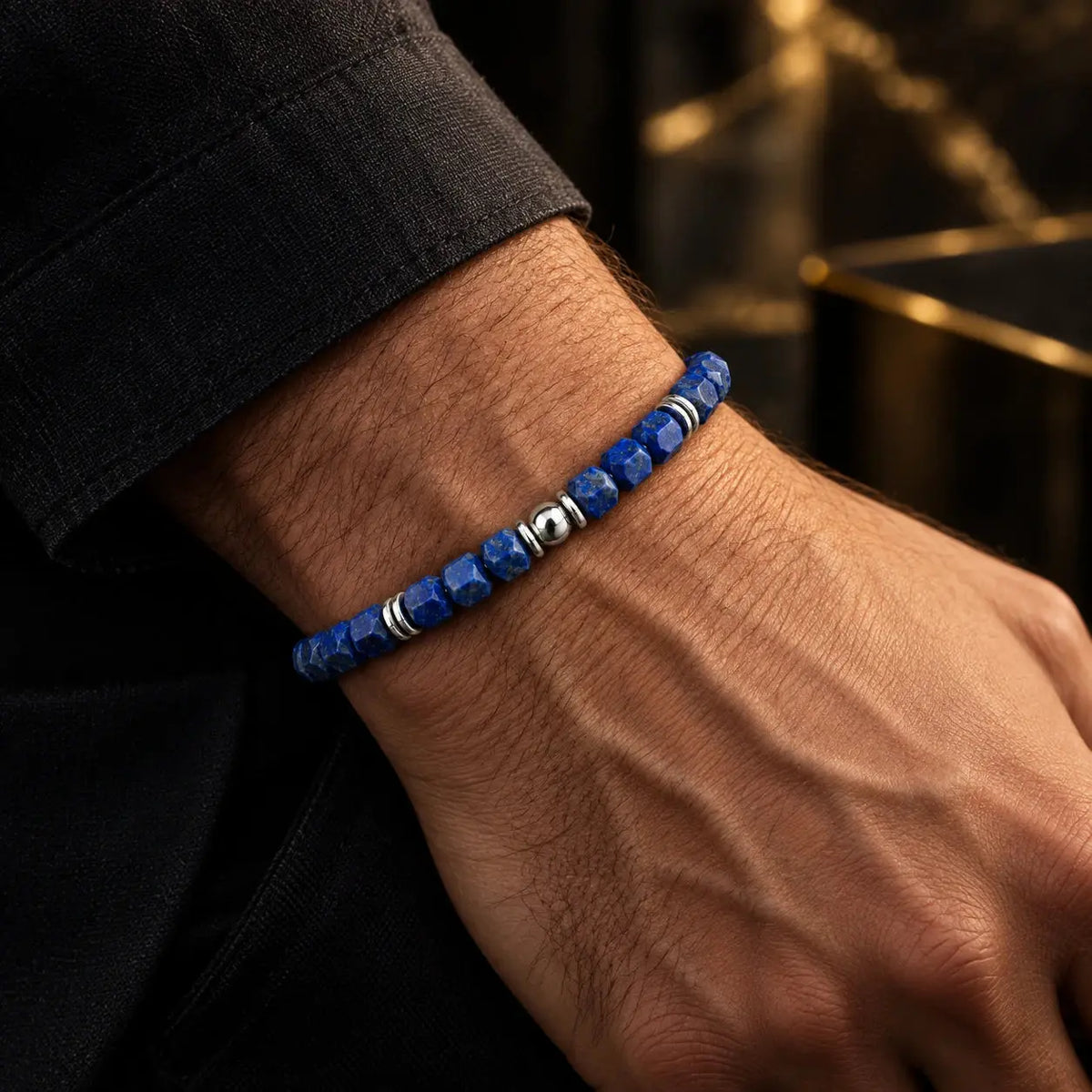 Men wearing natural lapis lazuli 5mm bracelet