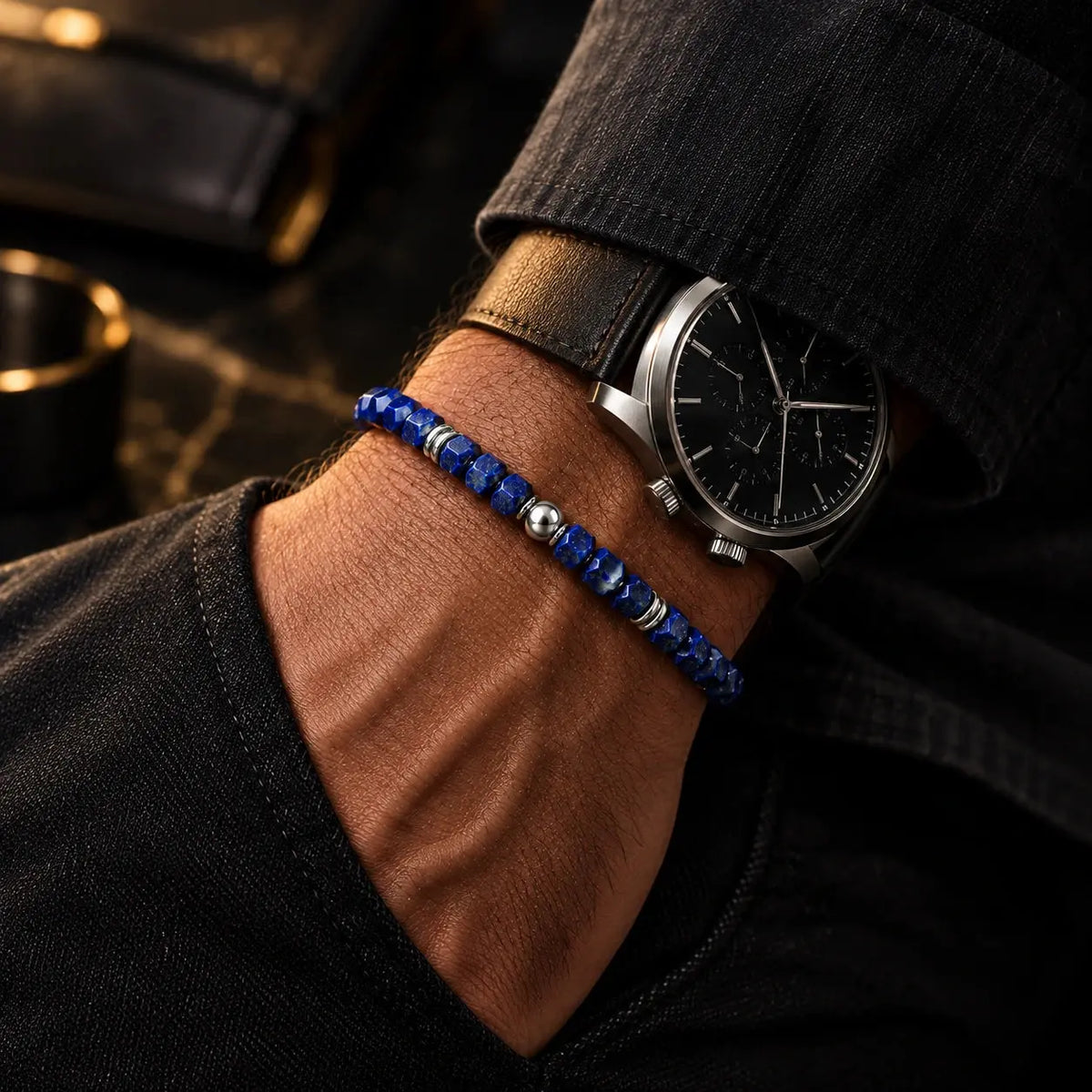 Lapis lazuli bracelet styled beside wristwatch