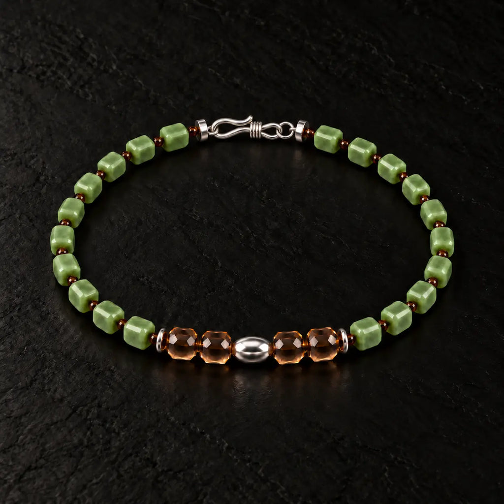 Complete natural nephrite bracelet showing the S925 hook clasp and bead construction.