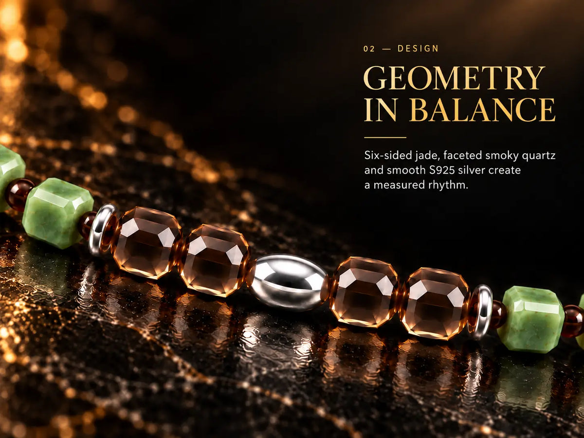 Six-sided nephrite, faceted smoky quartz and smooth S925 silver centre details.