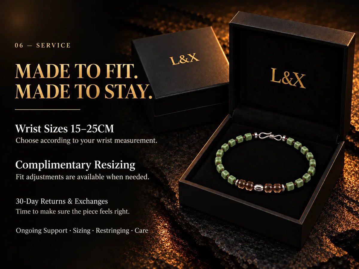 L&X gift presentation with bracelet sizing, resizing and aftercare information.