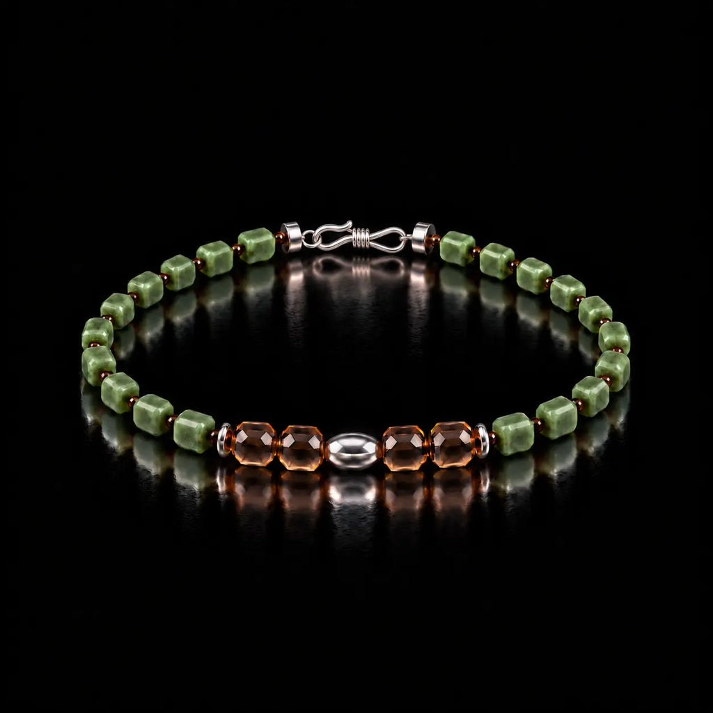 Natural nephrite jade and smoky quartz bracelet with S925 silver, front view.