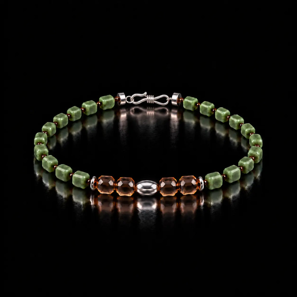 Natural nephrite jade and smoky quartz bracelet with S925 silver, front view.