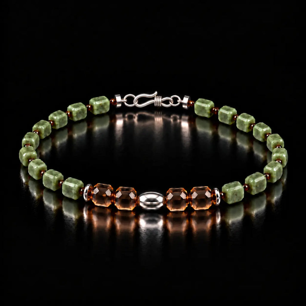 Nephrite jade and faceted smoky quartz bracelet shown at a 45-degree angle.