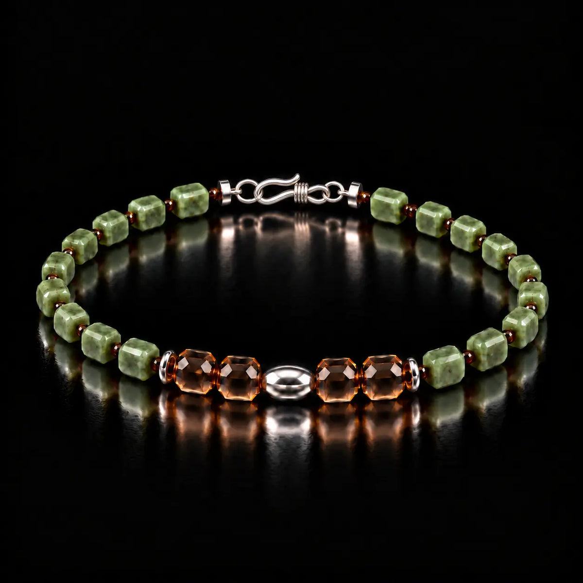 Nephrite jade and faceted smoky quartz bracelet shown at a 45-degree angle.