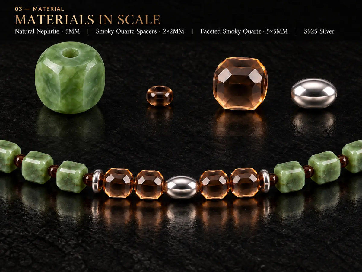 Material scale showing 5MM nephrite, 2×2MM smoky quartz spacers and S925 silver.