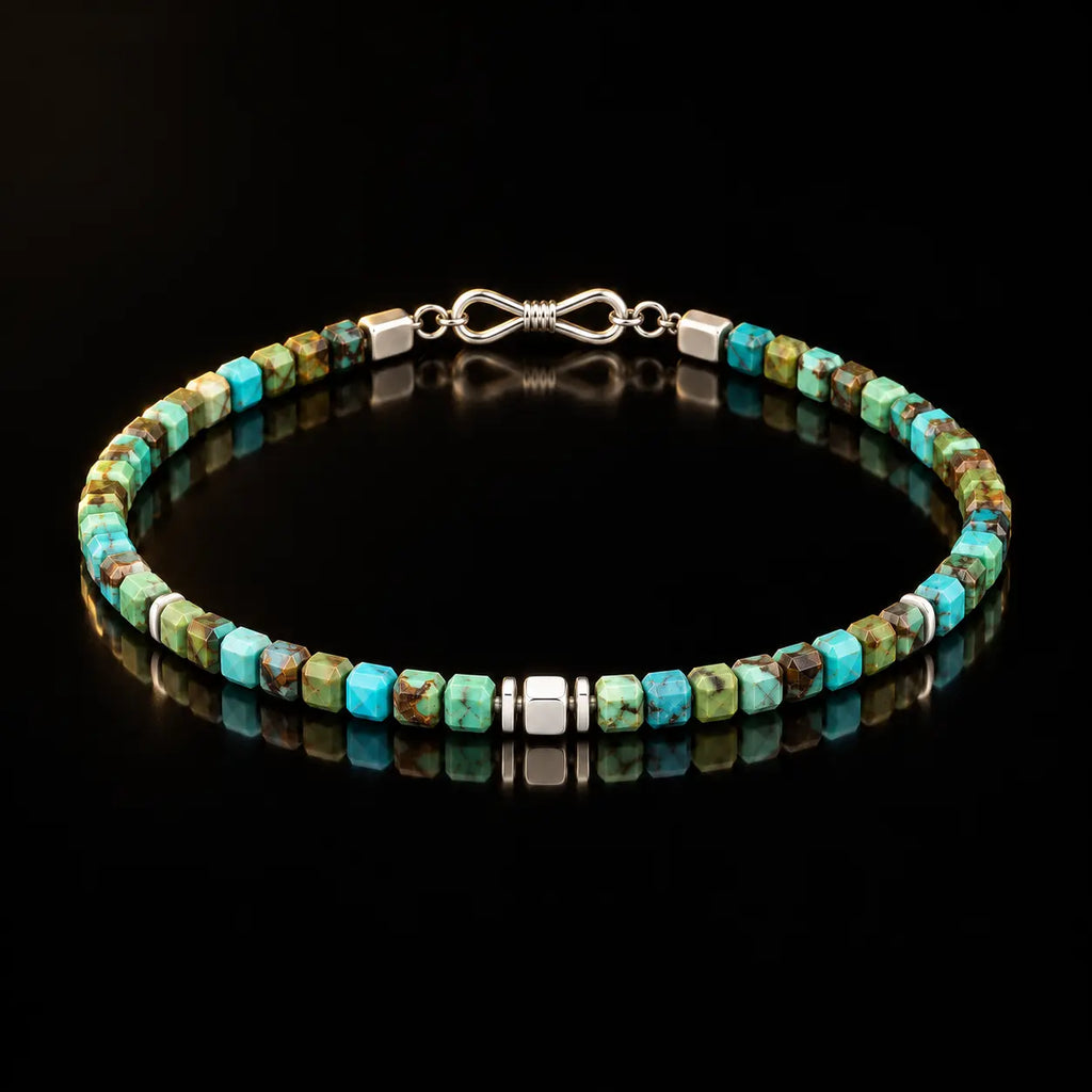 Natural turquoise cube bracelet showing its full construction and small S925 infinity clasp.