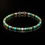 Natural turquoise cube bracelet showing its full construction and small S925 infinity clasp.