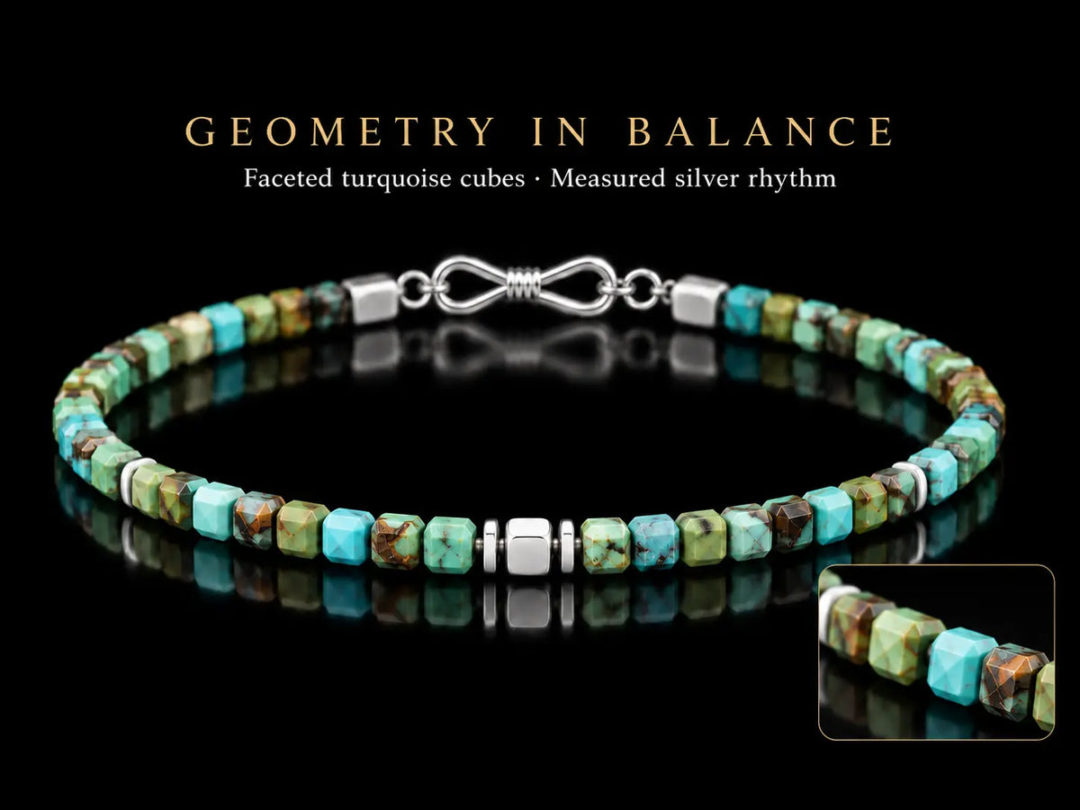 Faceted turquoise cubes and measured S925 silver center arrangement of the bracelet.