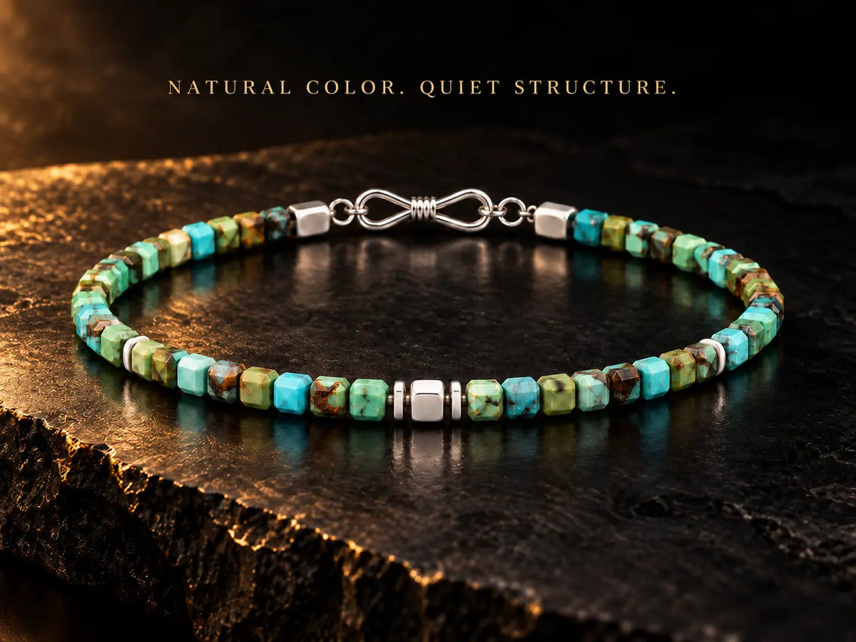 Natural turquoise cube bracelet beneath the title Natural Color. Quiet Structure.