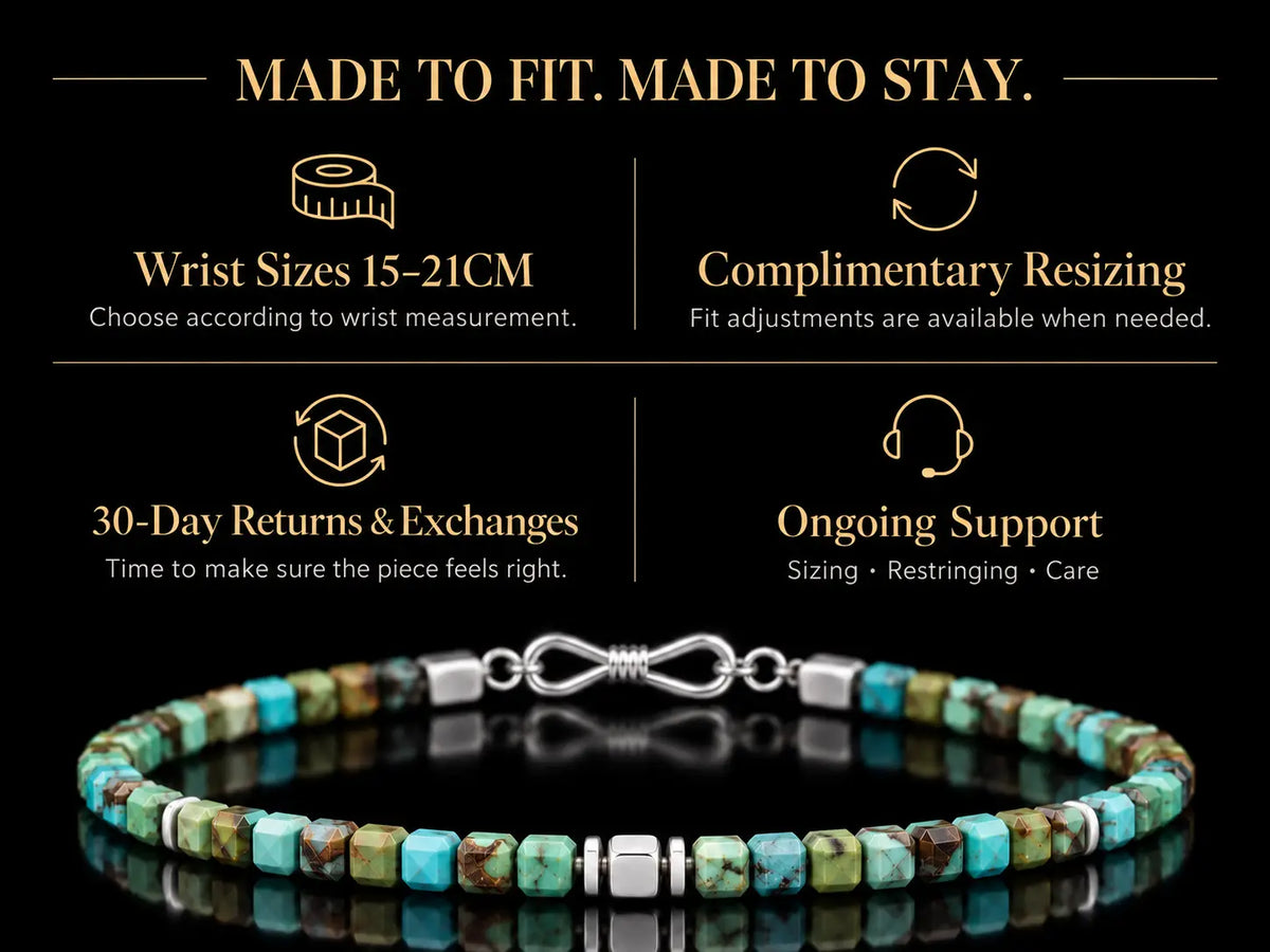 L&X sizing, complimentary resizing, returns and ongoing bracelet care information.